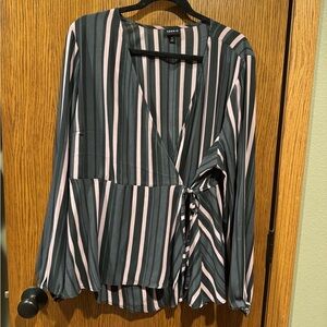 Striped Wrap Blouse - Black and Pink